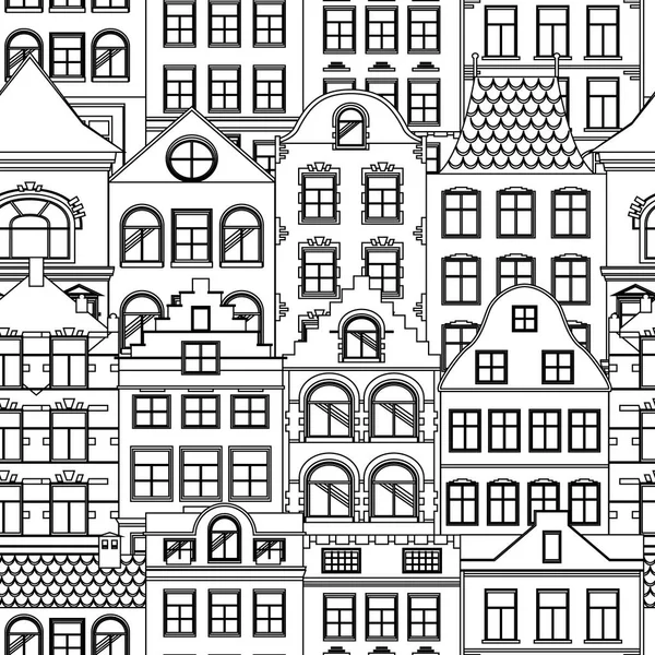 Бесшовный рисунок милых ретро домов снаружи. Коллекция европейских строительных фасадов. Традиционная архитектура Бельгии и Нидерландов. Швеция, Норвегия, Дания — стоковый вектор