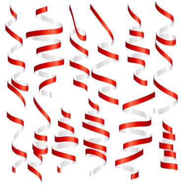Bright red and silver Serpentine on white background. Set of curly ribbons, festive decor elements for holiday, Christmas decoration, party, birthday, festive carnival, greeting cards. clipart