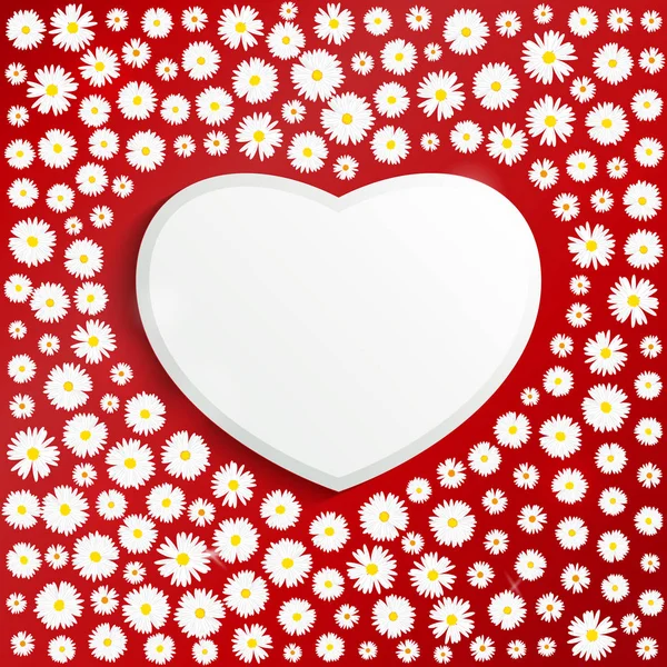 Tarjeta de San Valentín del corazón. Margaritas blancas sobre fondo rojo. Plantilla de tarjeta de invitación de boda, concepto de amor. Cartel festivo del 14 de febrero. Ilustración vectorial — Vector de stock