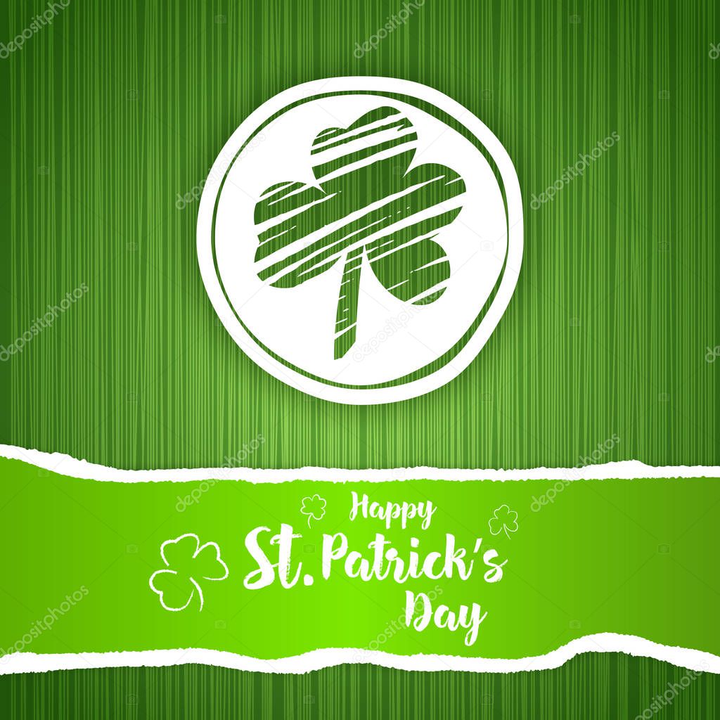 Saint Patrick Day poster. Greetings card with clover shapes and lettering. Vector illustration forweb site, shop, magazine promotion, advertising