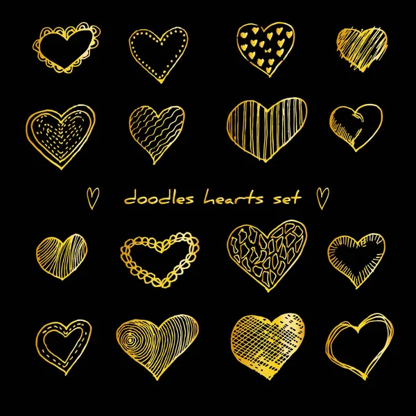 Elle çizilmiş altın doodle kalpleri vektör illüstrasyon siyah izole ayarlayın. Sevgililer günü için tasarım öğeleri, düğün şablonu. Telifsiz Stok Illüstrasyonlar