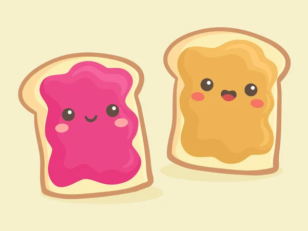 Schattig Pindakaas Jam Jam Brood Brood Broodje Vector Illustratie Cartoon — Stockvector