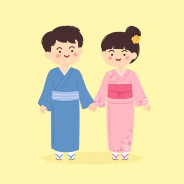 Japon Kimono geleneksel giyim kostüm Çift sevimli çizgi vektör çizim Japonya