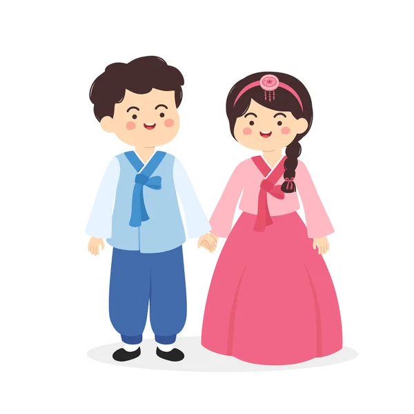 韓国の韓服がかわいいカップル 伝統的な服コスチューム漫画ベクトル図 — ストックベクタ