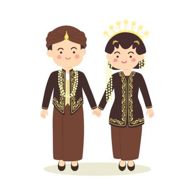 Kostümlü Orta Java Endonezya düğün çift, sevimli Endonezya siyah Cava geleneksel kıyafetleri gelin ve damat karikatür vektör çizim