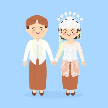 Kostümlü Batı Java Sundanese Endonezya düğün çift, sevimli Endonezya Sunda geleneksel kıyafetleri gelin ve damat karikatür vektör çizim
