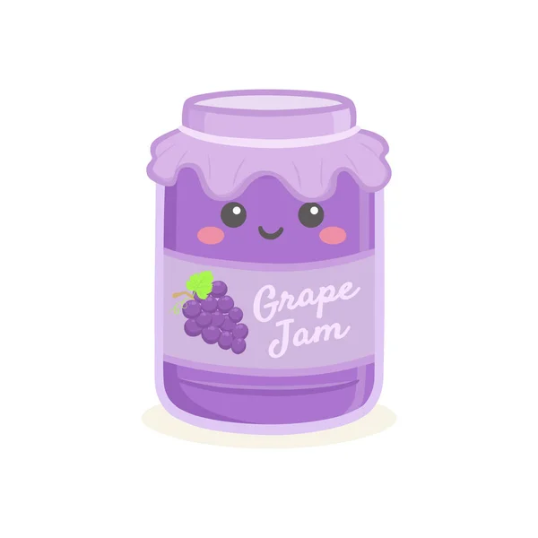Gelée Raisin Mignon Jam Bouteille Jar Vector Illustration Cartoon Sourire — Image vectorielle