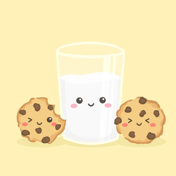 Cute Milk Glass Cookies Choco Chips Vector Illustration Cartoon Smile — Stock Vector