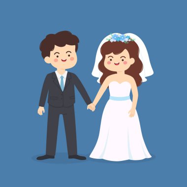 Sevimli evlilik çift davet. Gelin ve damat el ele tutuşarak mavi tema arka plan üzerinde izole illüstrasyon karikatür vektör. 