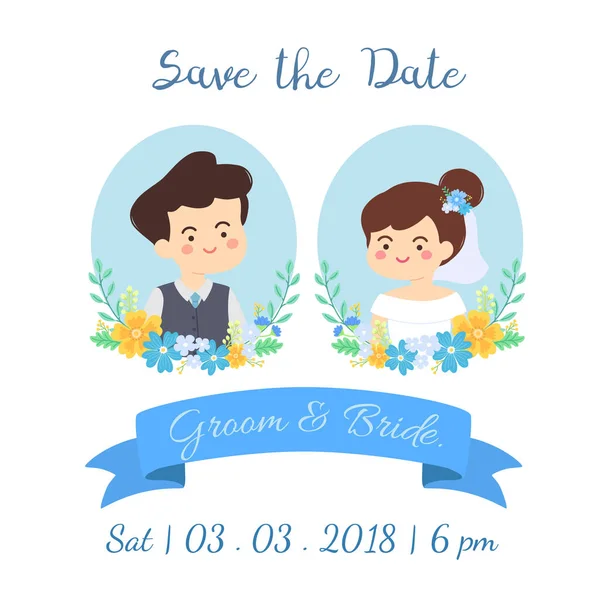 Cute Wedding Couple Date Invitation Card Vector Illustration Cartoon Bride — Stock Vector