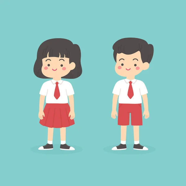 Mignon Indonésien Élémentaire École Garçon Fille Portant Rouge Blanc Uniforme — Image vectorielle