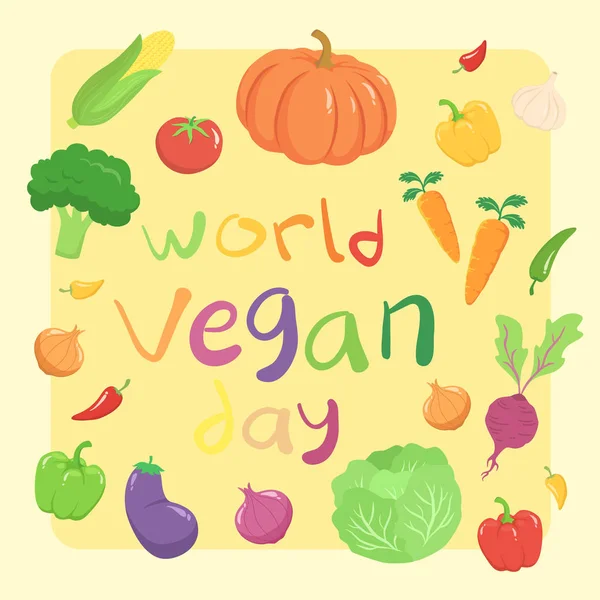 Journée Mondiale Végétalienne Légumes Set Carte Vœux Illustration Vectorielle Ail — Image vectorielle