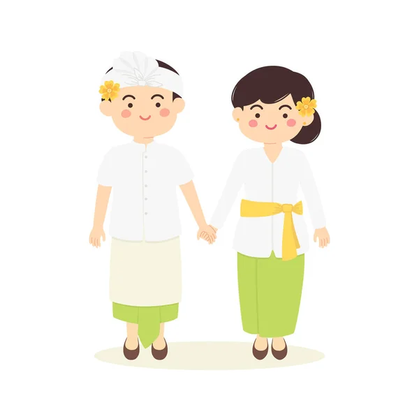 Kostümlü Bali Adası Endonezya çift, şirin Balinese töreni geleneksel giyim erkek kadın karikatür vektör çizim
