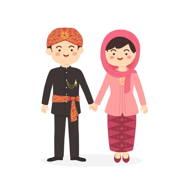 Kostümlü Betawi Jakarta Endonezya çift, sevimli Abang hiçbiri geleneksel giyim erkek kadın karikatür vektör çizim