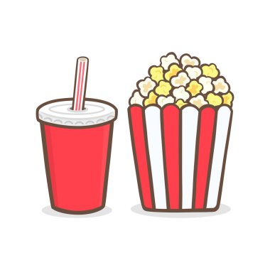 Mısır patlamış mısır kova kutusu ve Soda Kupası sinema Snack vektör çizim simgesini pop
