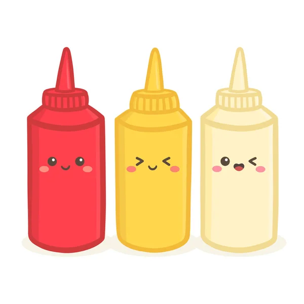 Cute Tomato Ketchup Mustard Mayonnaise Bottle Set Vector Illustration Cartoon — Stock Vector