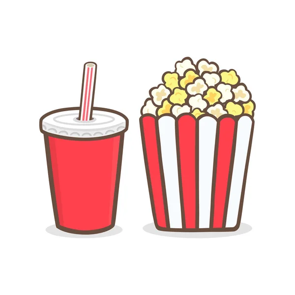 流行玉米爆米花桶盒和苏打杯电影院小吃矢量插图图标 — 图库矢量图片