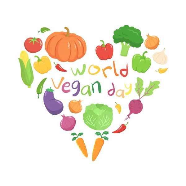 Journée Mondiale Végétalienne Légumes Set Végétarien Carte Souhaits Illustration Vectorielle — Image vectorielle