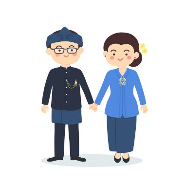 Kostümlü Sunda Batı Java Endonezya çift, sevimli Endonezya Sundanese giyim erkek kadın karikatür vektör çizim