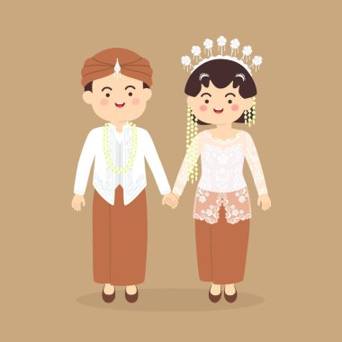 Kostümlü Java Endonezya düğün çift, sevimli Endonezya Cava geleneksel beyaz giysiler gelin ve damat karikatür vektör çizim