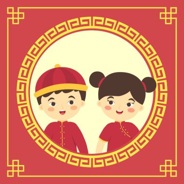 Çin yeni yıl tebrik kartı alt sınır süsleme kırmızı altın arka plan vektör çizim üzerinde izole cheongsam kostüm ile