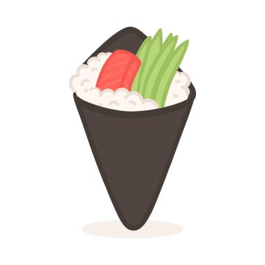 Tuna Sushi Temaki El Rulo Koni Şekli Japon Haddelenmiş Gıda Vektör İllüstrasyon beyaz arka plan üzerinde izole