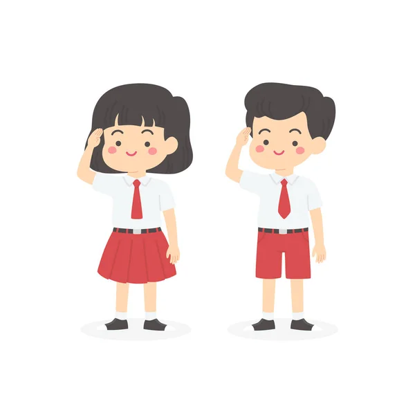 Indonesian Elementary School Uniform Kids Salute Cartoon Vector ロイヤリティフリーストックベクター