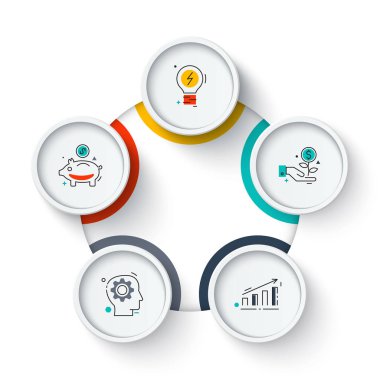 İş veri görselleştirme. Döngü Diyagramı 5 adımlar, seçenekleri, parçalar veya işlemlerin daire unsurları. Vektör iş tanıtımı için şablon. Creative Infographic kavram. İşlem grafiği.