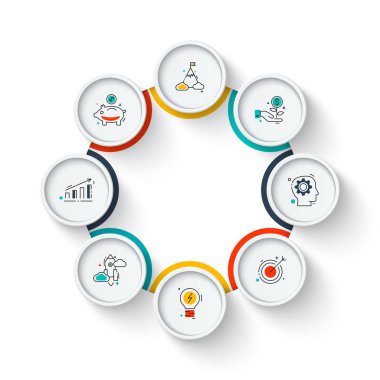 İş veri görselleştirme. Döngü diyagramı 8 adımlar, seçenekleri, parçalar veya işlemlerin daire unsurları. Vektör iş tanıtımı için şablon. Creative Infographic kavram. İşlem grafiği.