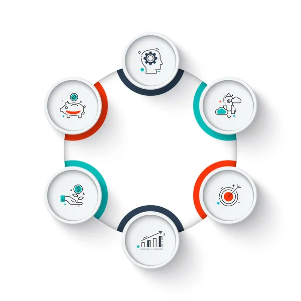 Visualizzazione dei dati aziendali. Elementi circolari del diagramma del ciclo con 6 passaggi, opzioni, parti o processi. Modello di business vettoriale per la presentazione. Concetto creativo per infografica. Grafico di processo . — Vettoriale Stock