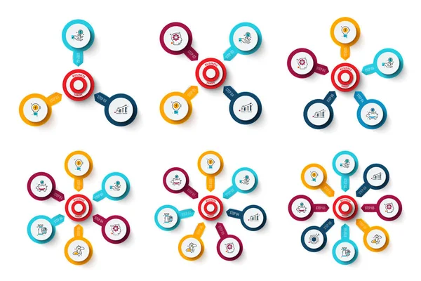 Objetivo vectorial con flechas. Plantilla para diagrama de ciclo, gráfico, presentación y gráfico. Concepto de infografía empresarial con 3, 4, 5, 6, 7 y 8 opciones, piezas, pasos o procesos. Visualización de datos . — Vector de stock