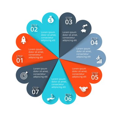 İş veri görselleştirme. Soyut döngüsü diyagramı ile 7 adımlar, seçenekleri, parçalar veya işlemlerin unsurları. Vektör iş tanıtımı için şablon. Creative Infographic kavram. İşlem grafiği.