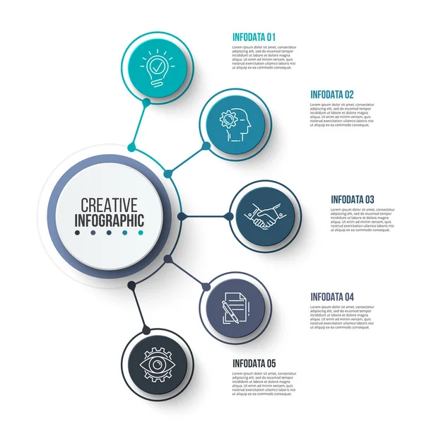 Cirkel business grafiska element. Business process infografik med 5 steg, delar eller alternativ. Abstrakta presentationsmall. Moderna vektor infochart layoutdesign. — Stock vektor