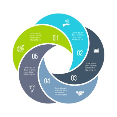 Bükülmüş diyagram 5 parça, adımları veya seçenekleri bölünmüş. Vektör düz Infographic tasarım şablonu. Gösterim amacıyla proje adımları görselleştirme. İş sunumu.
