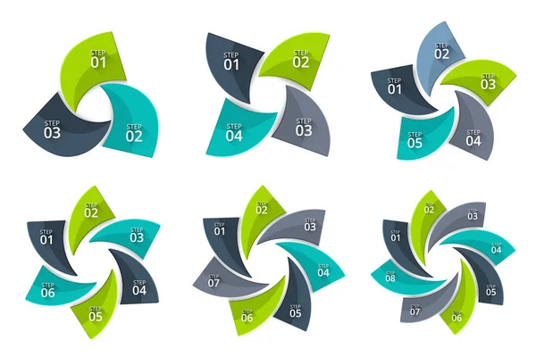 Business chart infographic set with 3, 4, 5, 6, 7 and 8 options. Illustration for project steps visualization. Modern design elements. Business presentation. — Stock Vector