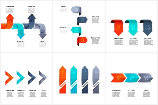 Satz von Vektorpfeilen Infografik-Design-Layouts mit 3 und 4 Optionen, Bauteilen oder Schritt. Illustration zur Visualisierung von Projektschritten. moderne Designelemente. Unternehmenspräsentation. — Stockvektor