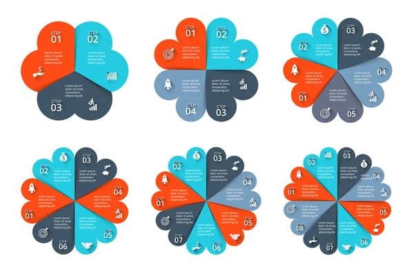 Infográfico de gráfico de negócios com 3, 4, 5, 6, 7 e 8 opções. Ilustração para visualização de etapas do projeto. Elementos de design moderno. Apresentação empresarial . — Vetor de Stock