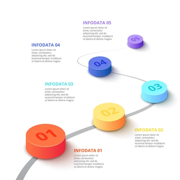 Cilindri a gradiente vettoriale. Modello aziendale per la presentazione. Concetto creativo per infografica con 5 passaggi, opzioni, parti o processi. Illustrazione isometrica della linea temporale . — Vettoriale Stock