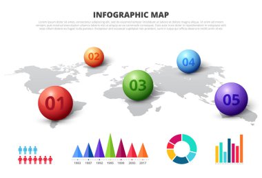 Vektör Dünya Haritası ile iş Infographic için 5 küreler. Sunu şablonu.