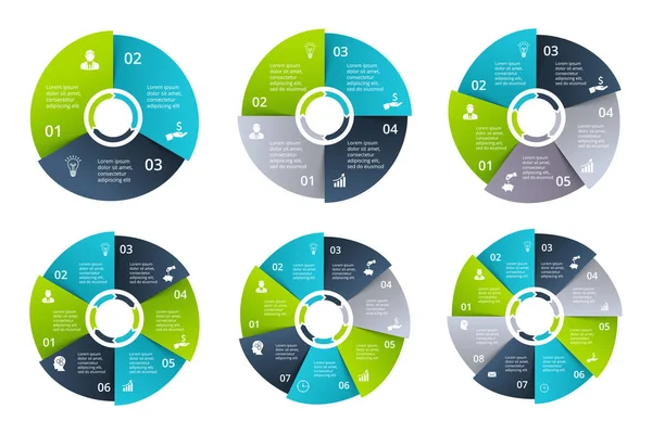 Infográfico do círculo vetorial. Modelo para diagrama de ciclo, gráfico, apresentação e gráfico redondo. Conceito de negócio com 3, 4, 5, 6, 7 e 8 opções, peças, passos ou processos. Visualização dos dados . —  Vetores de Stock