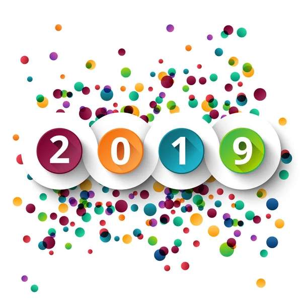 新年快乐2019庆祝与五颜六色的五彩纸屑模板背景。矢量纸插图. — 图库矢量图片