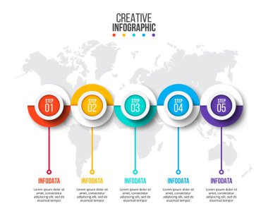 Vektör daireler Infographic Dünya Haritası ile. İş veri görselleştirme. 5 adımlar, seçenekleri, parçalar veya işlemlerin ile sunum.
