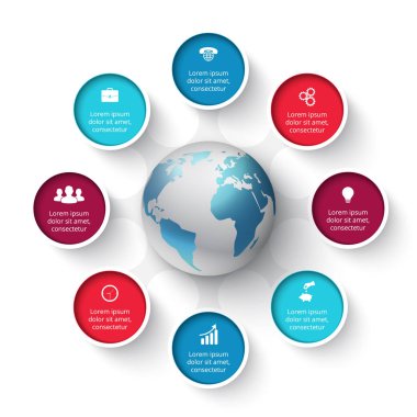 Vektör daire öğeleri Infographic için dünya ile. Döngü Diyagramı, grafik, sunum ve yuvarlak grafik şablonu. İş kavramı ile 8 seçenekleri, parçalar, adımları veya işlemler.