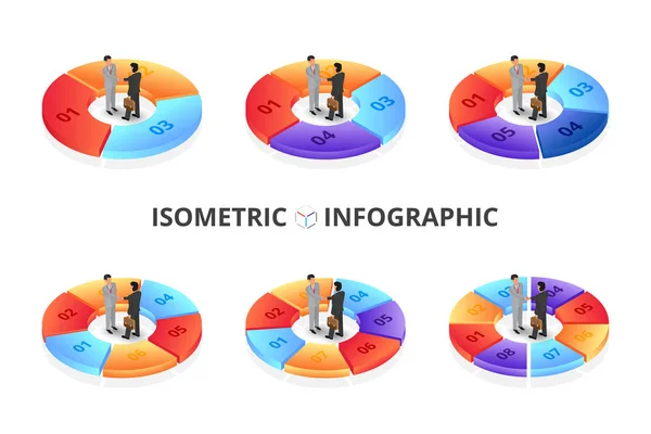 Vector isometric infographic with businessman handshake. Template for diagram or presentation. Business concept with 3, 4, 5, 6, 7 and 8 options, parts, steps or processes. Partnership concept. — Stock Vector