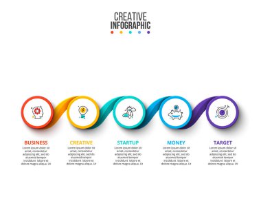 Vektör Infographic tasarım şablonu. 5 seçenekleri, parçalar, adımları veya işlemler ile iş kavramı. Kullanılabilir iş akışı düzeni, diyagram, numarası seçenekleri, web tasarım için. Veri görselleştirme.