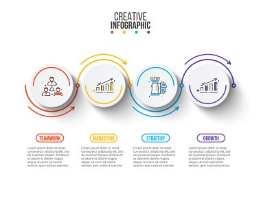 Infographic için daireler ile ince çizgi düz öğe. Diyagramı, grafik, sunum ve grafik şablonu. 4 seçenekleri, parçalar, adımları veya işlemler ile iş kavramı. Veri görselleştirme.