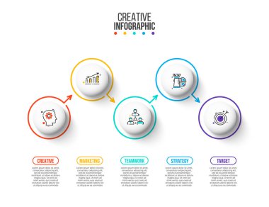 Infographic için daireler ile ince çizgi düz öğe. Diyagramı, grafik, sunum ve grafik şablonu. İş kavramı 5 seçenekleri, parçalar, adımları veya işlemleri ile.