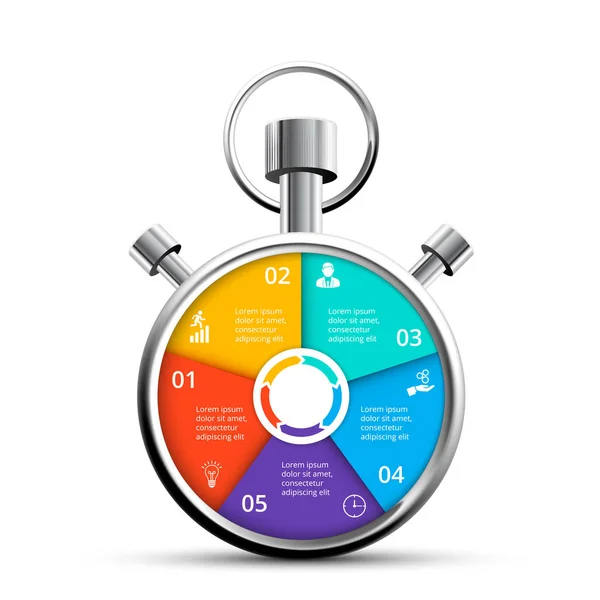 Vector chronomètre cicrle infographie. Concept d'entreprise avec 5 options, pièces, étapes ou processus . — Image vectorielle