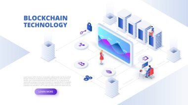 Tasarım kavramı kişi ile Blockchain ve cryptocurrency. İzometrik vektör çizim. Web için açılış sayfası şablonu.
