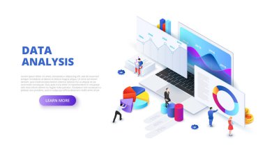 Veri analiz tasarım konsepti ile insanlar ve dizüstü bilgisayar. İzometrik vektör çizim. Web için açılış sayfası şablonu.